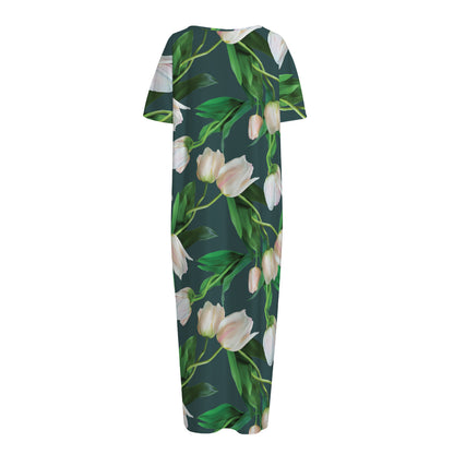 White Tulip Pattern Print Short Sleeve Long Nightdress