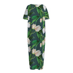 White Tulip Pattern Print Short Sleeve Long Nightdress