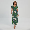 White Tulip Pattern Print Short Sleeve Maxi Dress