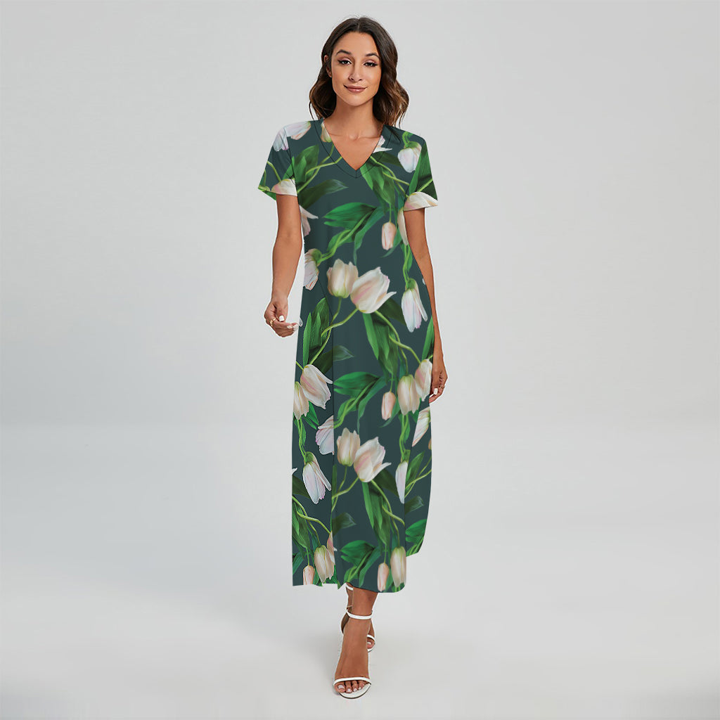 White Tulip Pattern Print Short Sleeve Maxi Dress