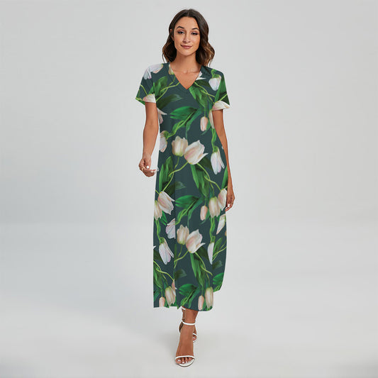 White Tulip Pattern Print Short Sleeve Maxi Dress