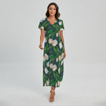 White Tulip Pattern Print Short Sleeve Maxi Dress