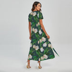 White Tulip Pattern Print Short Sleeve Maxi Dress