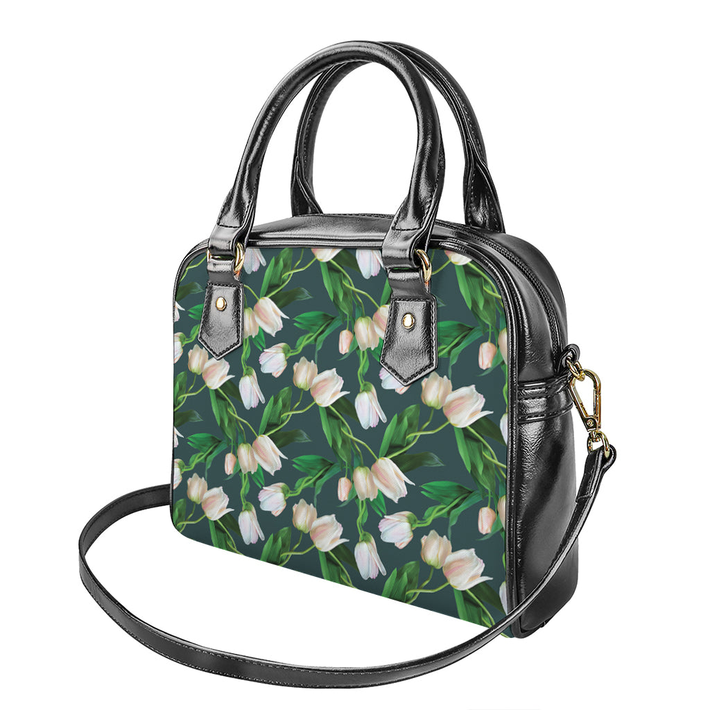 White Tulip Pattern Print Shoulder Handbag