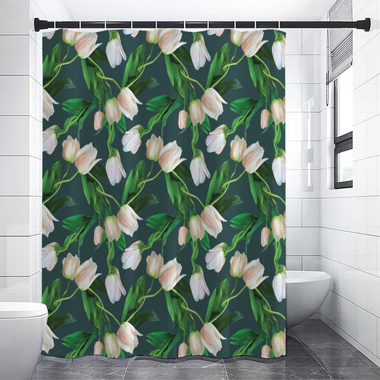 White Tulip Pattern Print Shower Curtain