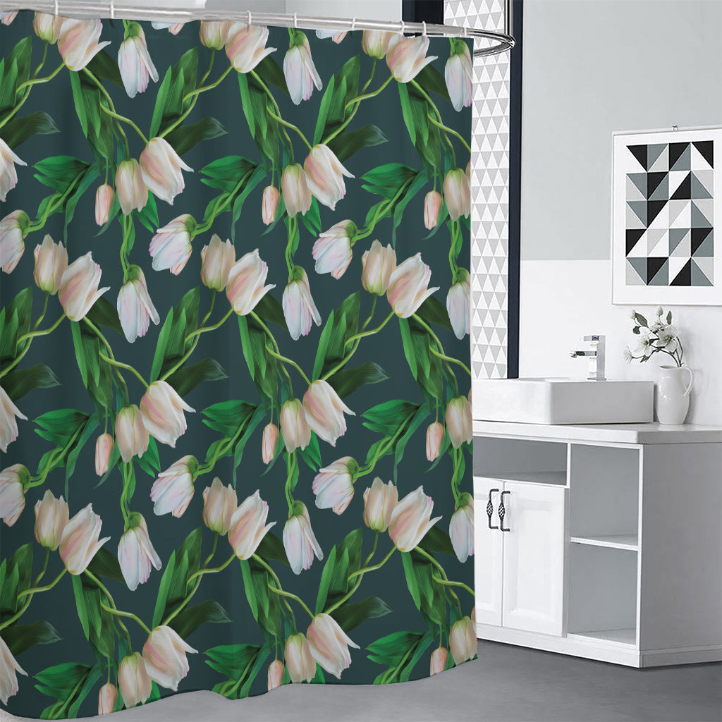 White Tulip Pattern Print Shower Curtain