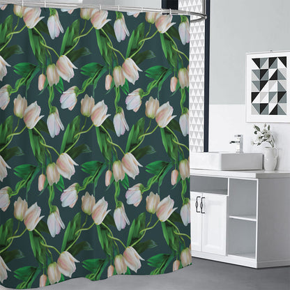 White Tulip Pattern Print Shower Curtain