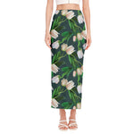 White Tulip Pattern Print Side Slit Maxi Skirt