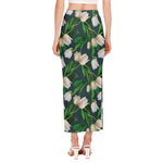 White Tulip Pattern Print Side Slit Maxi Skirt