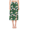 White Tulip Pattern Print Side Slit Midi Skirt