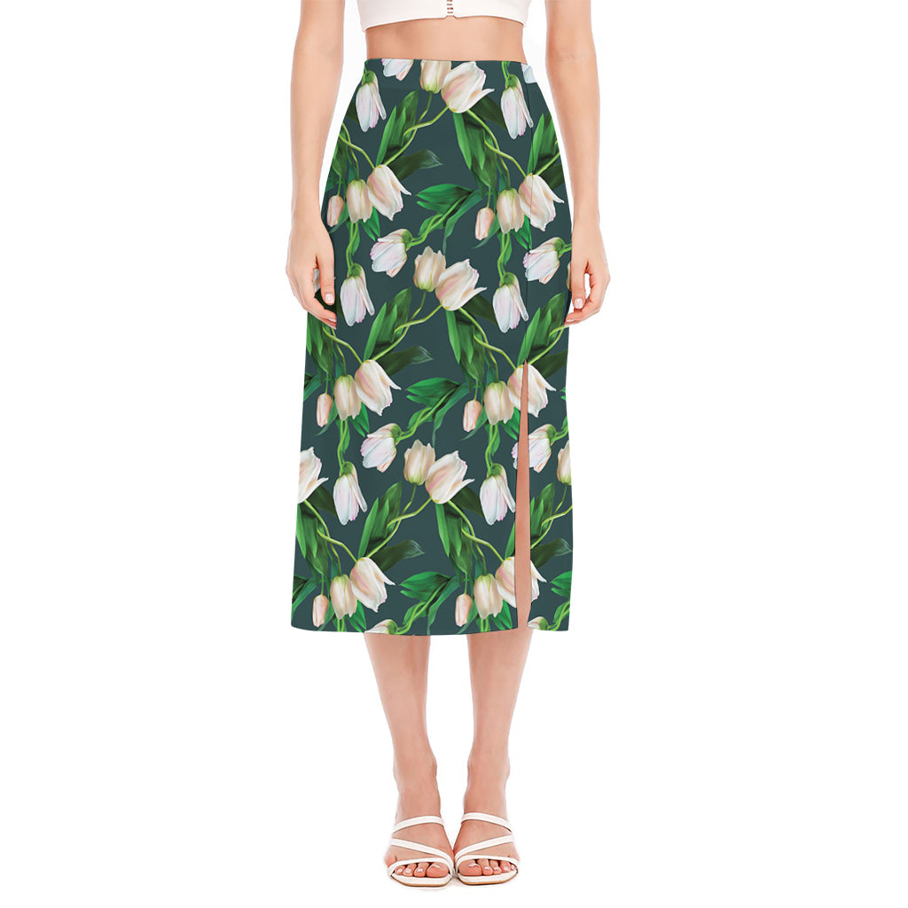 White Tulip Pattern Print Side Slit Midi Skirt