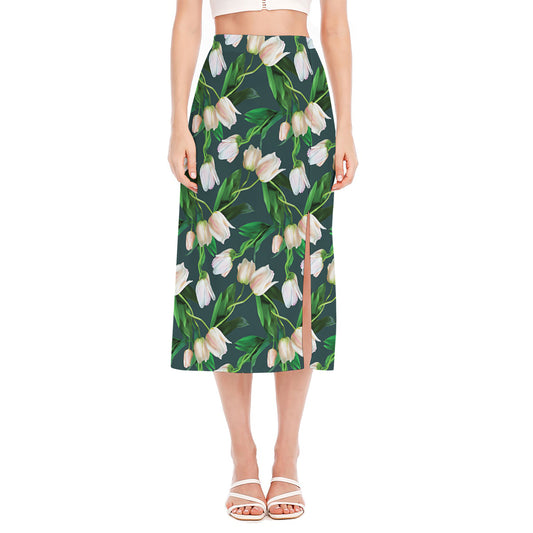 White Tulip Pattern Print Side Slit Midi Skirt