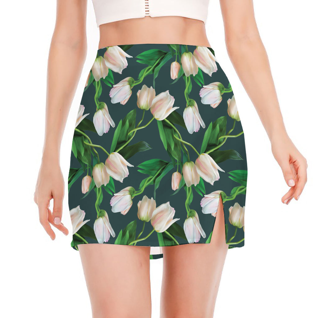 White Tulip Pattern Print Side Slit Mini Skirt