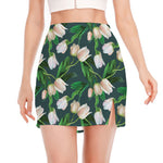 White Tulip Pattern Print Side Slit Mini Skirt