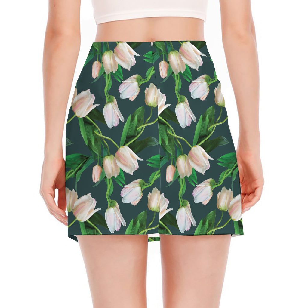White Tulip Pattern Print Side Slit Mini Skirt