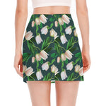 White Tulip Pattern Print Side Slit Mini Skirt