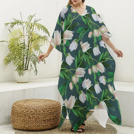White Tulip Pattern Print Silk V-Neck Kaftan Dress