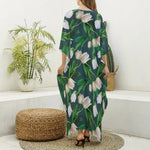 White Tulip Pattern Print Silk V-Neck Kaftan Dress