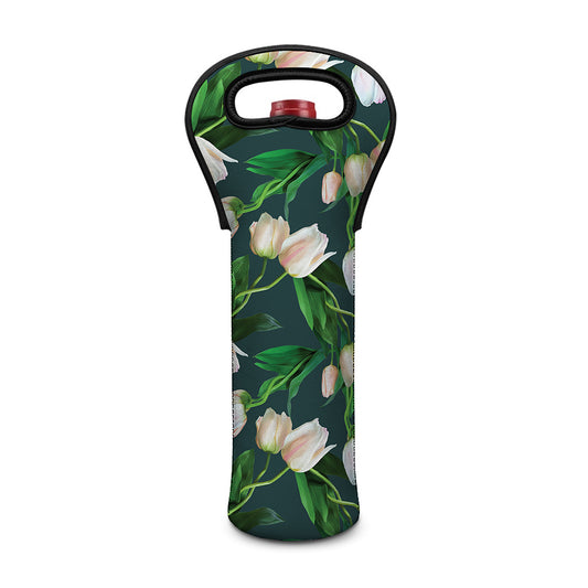 White Tulip Pattern Print Single Neoprene Wine Tote