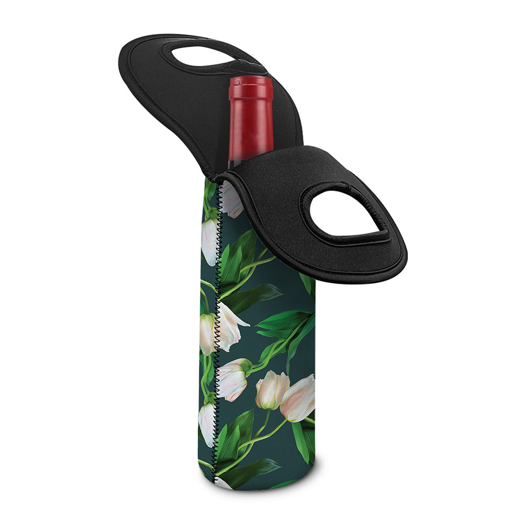White Tulip Pattern Print Single Neoprene Wine Tote
