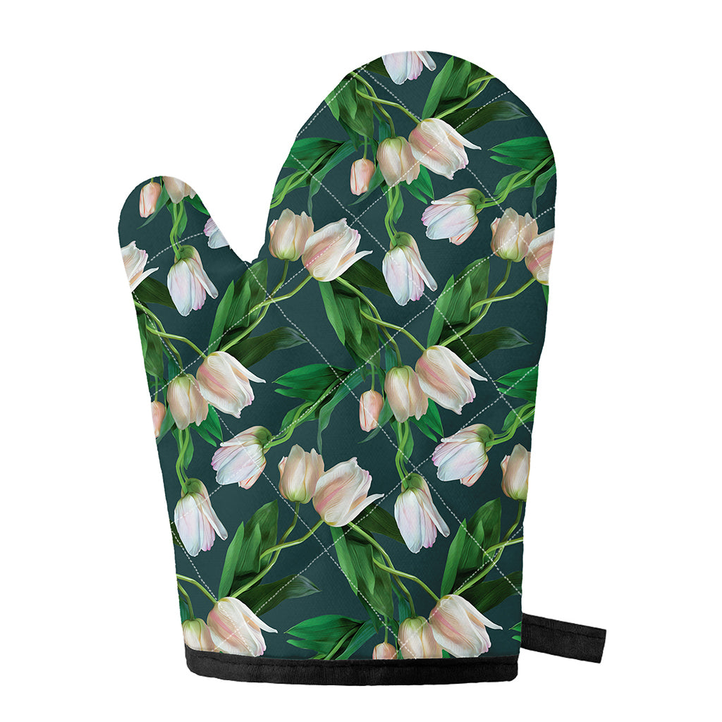 White Tulip Pattern Print Single Oven Mitt