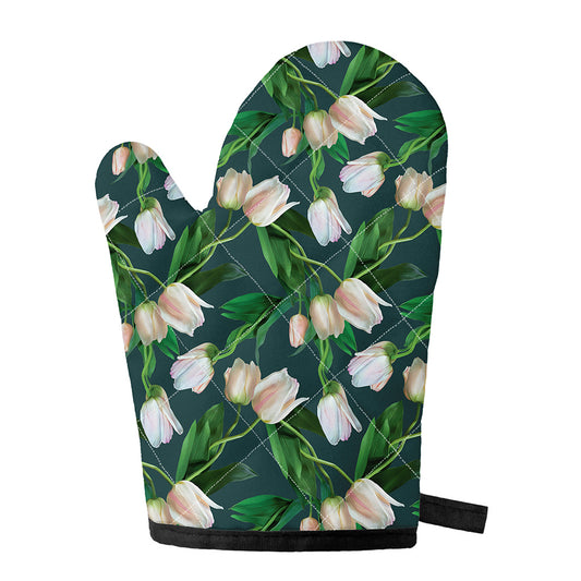 White Tulip Pattern Print Single Oven Mitt