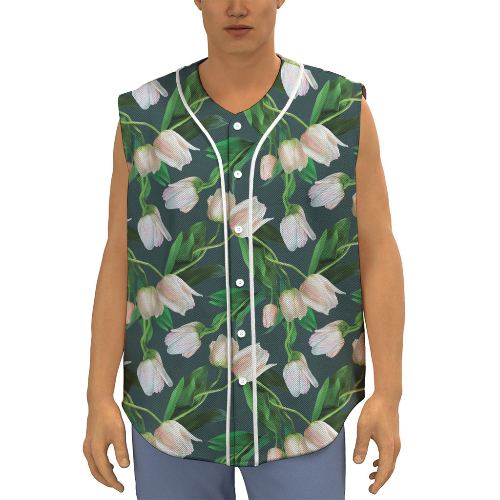 White Tulip Pattern Print Sleeveless Baseball Jersey