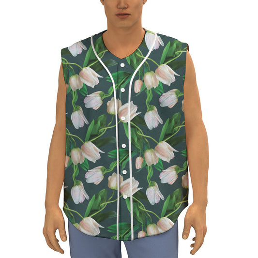 White Tulip Pattern Print Sleeveless Baseball Jersey