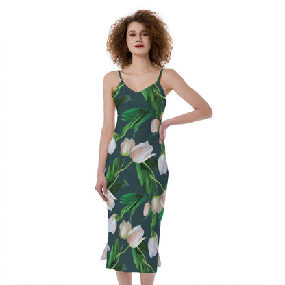White Tulip Pattern Print Slim Fit Midi Cami Dress