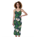 White Tulip Pattern Print Slim Fit Midi Cami Dress