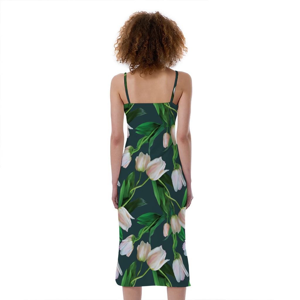White Tulip Pattern Print Slim Fit Midi Cami Dress