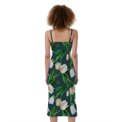 White Tulip Pattern Print Slim Fit Midi Cami Dress