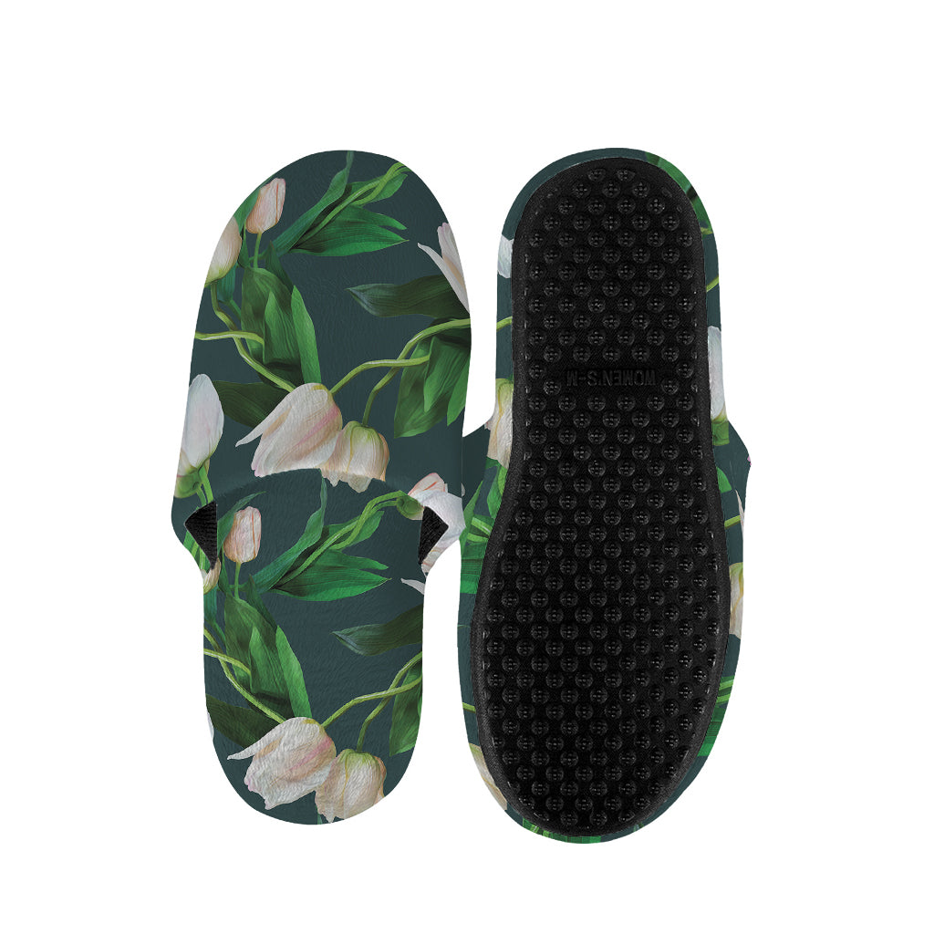 White Tulip Pattern Print Slippers