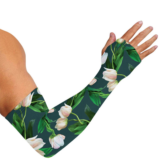 White Tulip Pattern Print Sun Protection Arm Sleeves