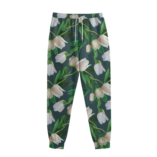 White Tulip Pattern Print Sweatpants