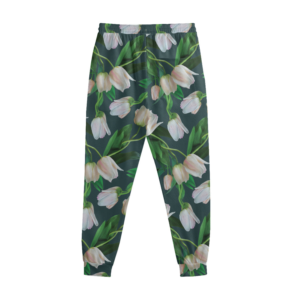 White Tulip Pattern Print Sweatpants