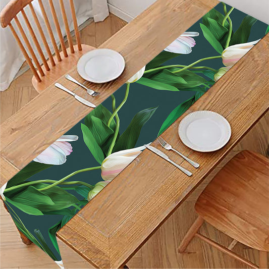 White Tulip Pattern Print Table Runner