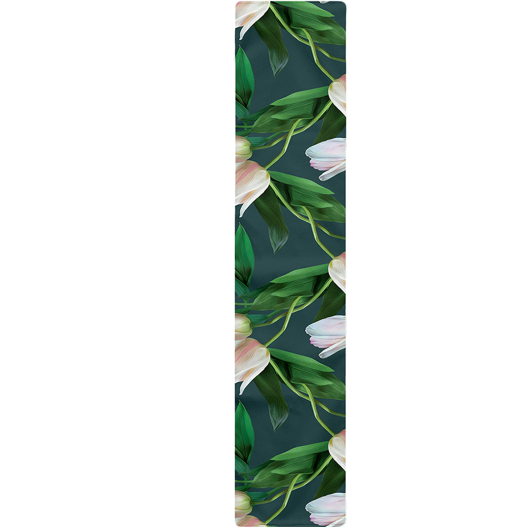 White Tulip Pattern Print Table Runner