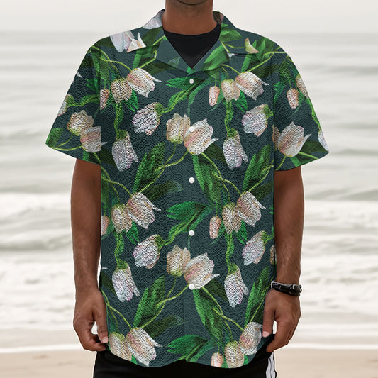White Tulip Pattern Print Textured Short Sleeve Shirt