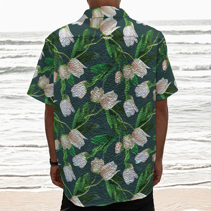 White Tulip Pattern Print Textured Short Sleeve Shirt