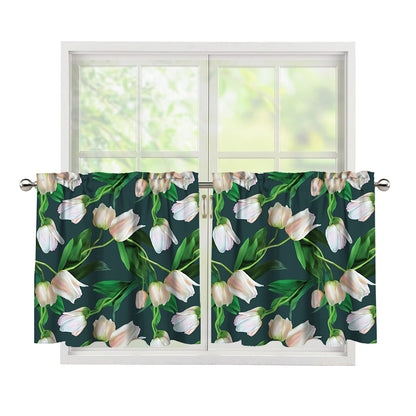 White Tulip Pattern Print Tier Curtains