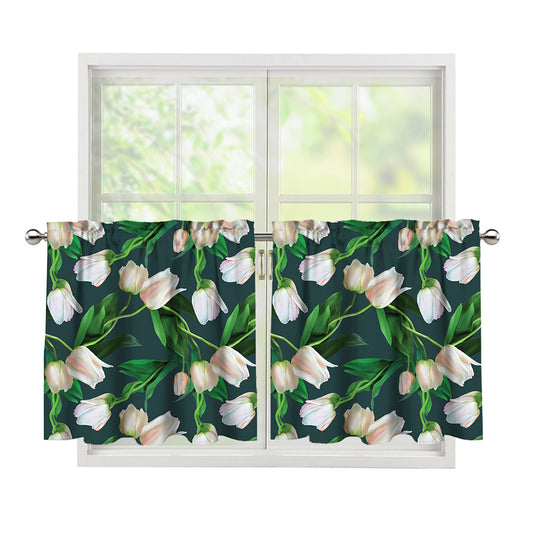 White Tulip Pattern Print Tier Curtains