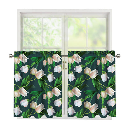 White Tulip Pattern Print Tier Curtains