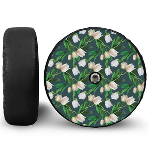 White Tulip Pattern Print Tire Cover With Camera Hole