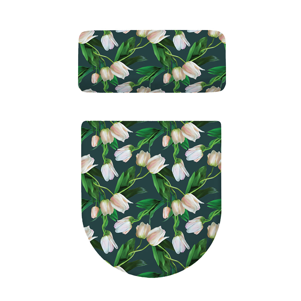 White Tulip Pattern Print Toilet Lid And Tank Cover Set