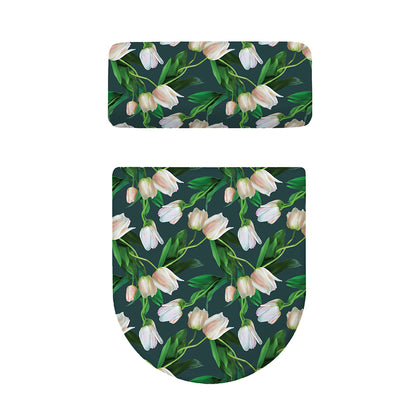 White Tulip Pattern Print Toilet Lid And Tank Cover Set