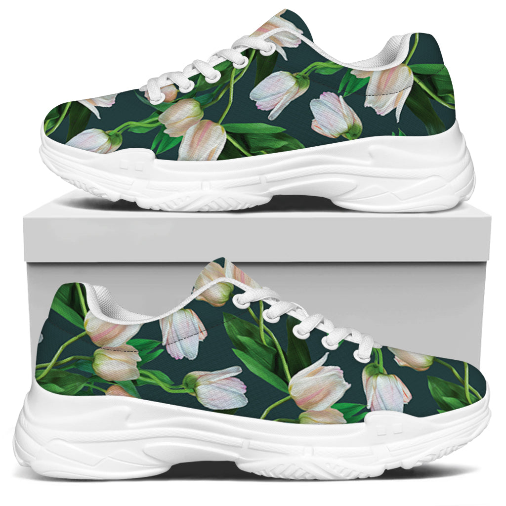 White Tulip Pattern Print White Chunky Shoes