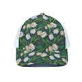 White Tulip Pattern Print White Mesh Trucker Hat