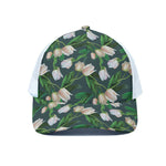 White Tulip Pattern Print White Mesh Trucker Cap