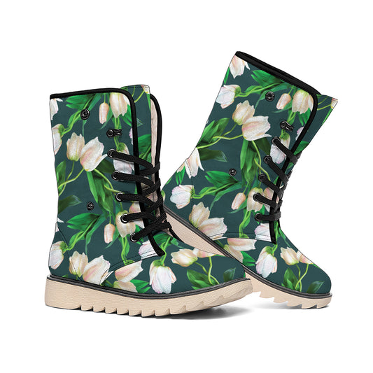 White Tulip Pattern Print Winter Boots